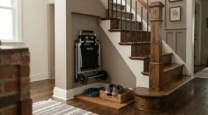 A slim-profile folding push golf trolley stored compactly beneath a domestic staircase