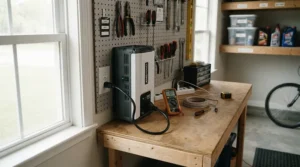A golf trolley battery charger plugged into a wall socket in a tidy British garage