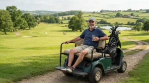 A sturdy golf trolley seat supporting a golfer taking a relaxing break between shots