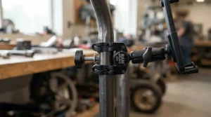 Standard golf trolley umbrella holder mounted neatly onto the vertical upright of a push cart.