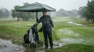 A robust golf trolley umbrella holder keeping a golfer dry during a heavy downpour on a lush course.