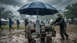 A wide golf trolley umbrella holder supporting a large wind-resistant canopy on a rainy day.