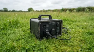 Compact and lightweight lithium golf trolley battery sitting neatly on the fairway grass