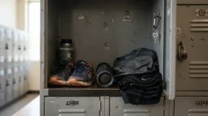 A compact portable golf trolley battery charger stored inside a golf clubhouse locker