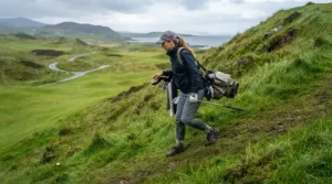 A golfer using a push trolley for hilly courses on a steep fairway under overcast skies
