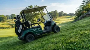A push trolley for hilly courses parked securely on a sloping incline