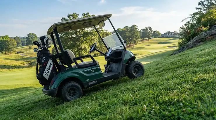 A push trolley for hilly courses parked securely on a sloping incline