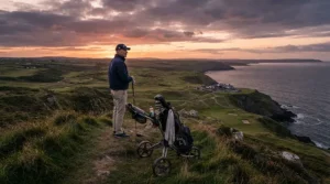 Golfer reaching the top of a steep climb with their push trolley for hilly courses