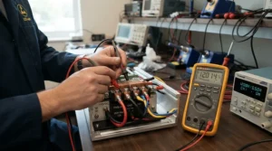 Testing a golf trolley battery voltage using a digital multimeter on a workbench