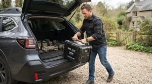 Heavy traditional lead-acid golf trolley battery being lifted out of a car boot