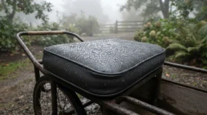 Waterproof materials on a golf trolley seat resisting morning dew on a links course