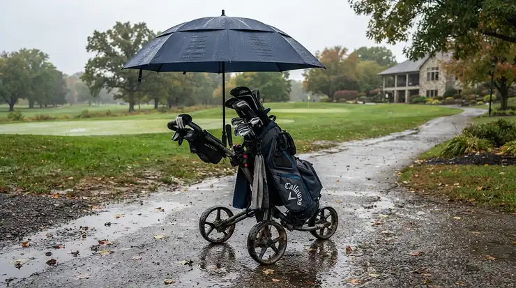 Complete weatherproof setup featuring a golf trolley umbrella holder protecting clubs on the course.